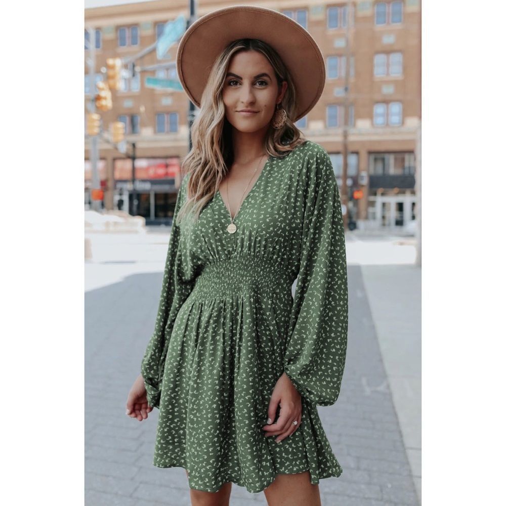 Green V Neck Smocked Waist Mini Dress